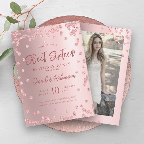 Rose Gold Blush Chic Glitter Photo Sweet 16   Invitation