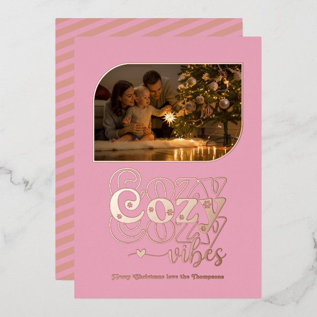 Rose Gold & Blush Cozy Vibes Retro Christmas Photo Foil Holiday Card (Front/Back)