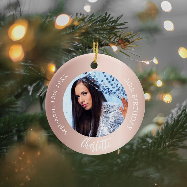 Rose gold blush custom photo birthday ceramic ornament (Creator Uploaded)