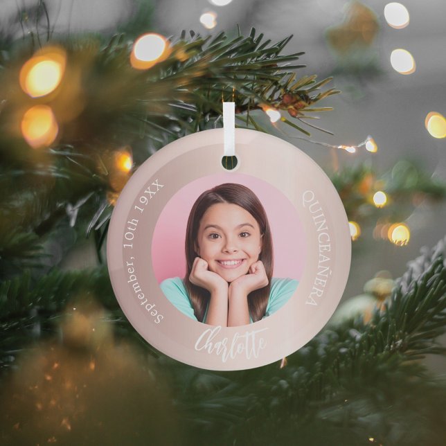 Rose gold blush custom photo Quinceanera Glass Ornament (Creator Uploaded)