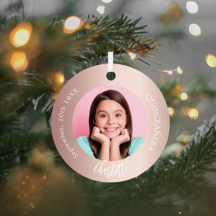 Rose gold blush custom photo Quinceanera Metal Ornament