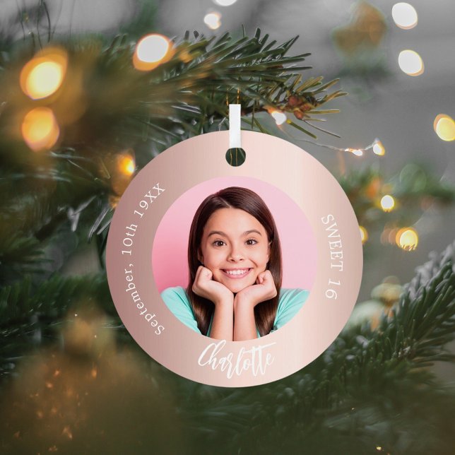 Rose gold blush custom photo Sweet 16 Metal Ornament (Creator Uploaded)