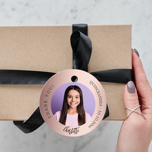 Rose gold blush custom photo thank you Quinceanera Favor Tags