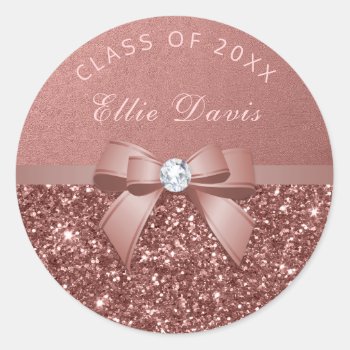 Rose Gold Blush Diamonds Bow Glitter Graduation Classic Round Sticker by GroovyGraphics at Zazzle