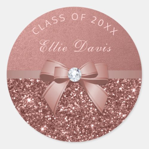 Rose Gold Blush Diamonds Bow Glitter Graduation Classic Round Sticker