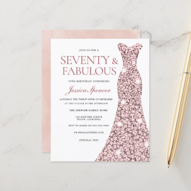 Rose Gold Blush Dress 70th Birthday Budget Invite (Front/Back In Situ)