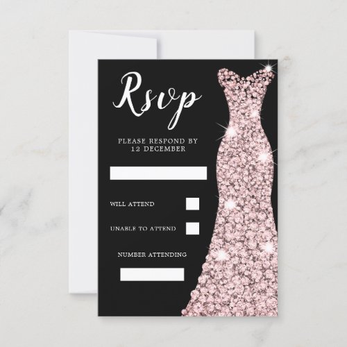 Rose Gold Blush Dress Birthday Party Bridal Black RSVP Card