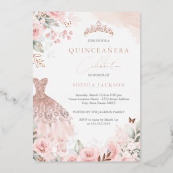 Rose Gold Blush Dress Floral Quinceanera  Foil Invitation by LittleBayleigh at Zazzle