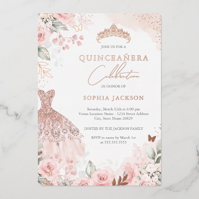 Rose Gold Blush Dress Floral Quinceanera  Foil Invitation (Front)