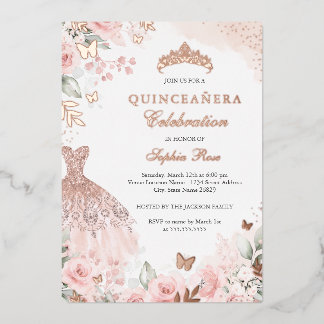 Rose Gold Blush Dress Floral Quinceanera  Foil Invitation