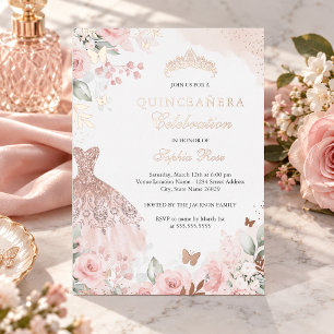 Rose Gold Blush Dress Floral Quinceanera Foil Invitation