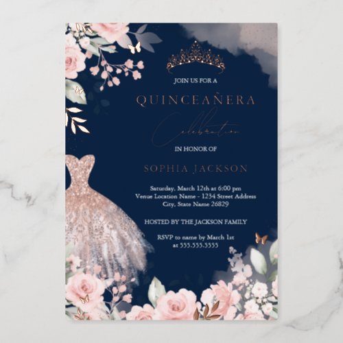 Rose Gold Blush Dress Floral Quinceanera Navy Foil Invitation