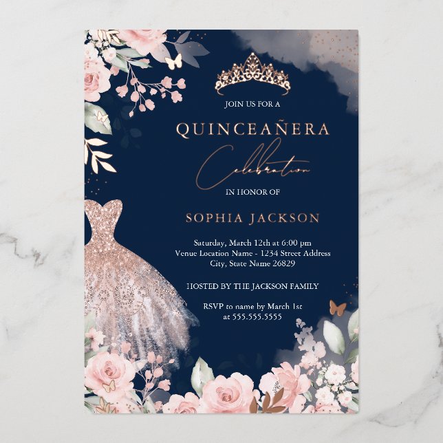 Rose Gold Blush Dress Floral Quinceanera Navy Foil Invitation (Front)