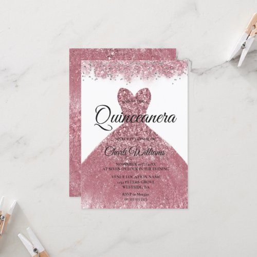Rose Gold Blush Dress Quinceanera Party Invitation