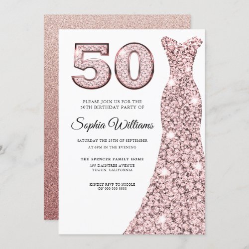 Rose Gold Blush Dress Womans 50th Birthday Party Invitation