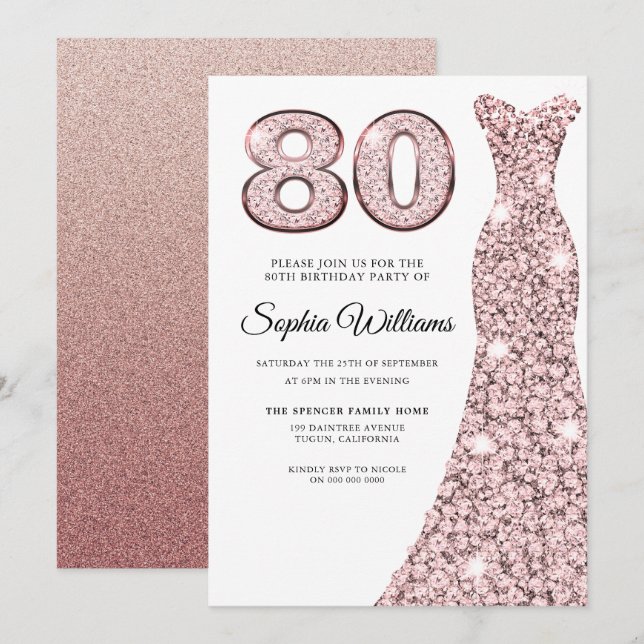 Rose Gold Blush Dress Womans 80th Birthday Party Invitation (Front/Back)