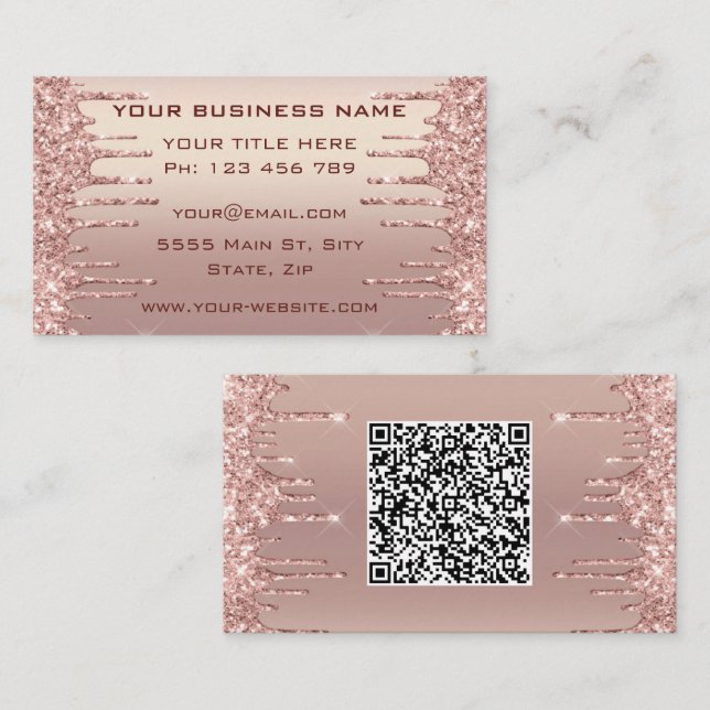 Rose Gold Blush Drips QR Code Scan Business Card (Front/Back)