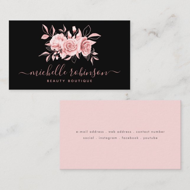 Rose Gold Blush Feminine Floral Script Black  Business Card (Front/Back)