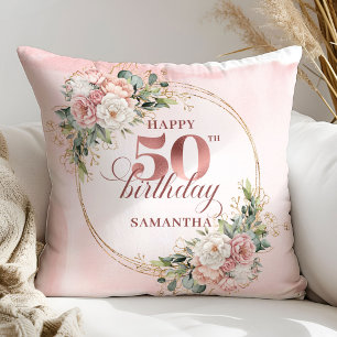 Rose Gold Blush Floral 50th Birthday Pillow Gift