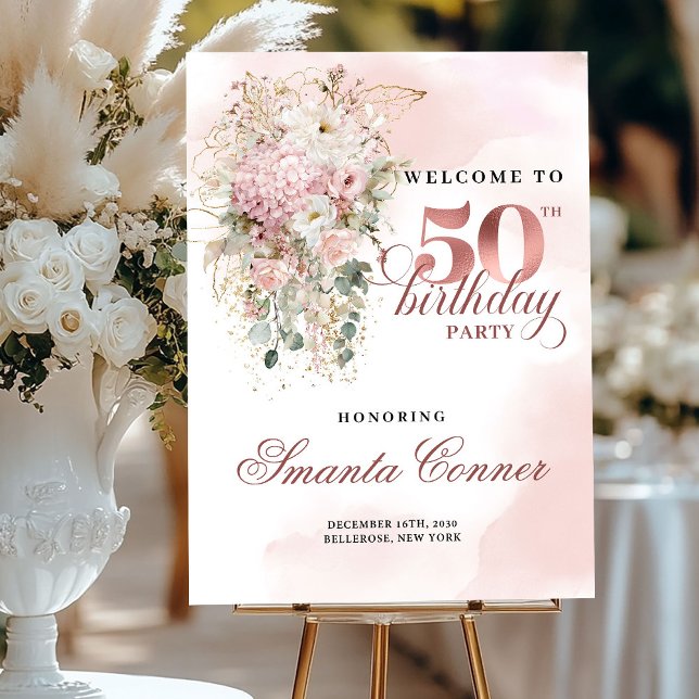 Rose Gold Blush Floral 50th Birthday Welcome Sign (Rose gold floral 50th birthday,
dusty pink blush gold glitter,
opulent Soft pastel   pink flowers, 
)