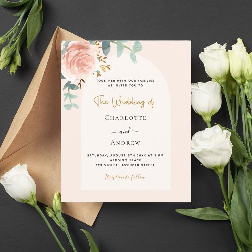 Rose gold blush floral arch budget wedding