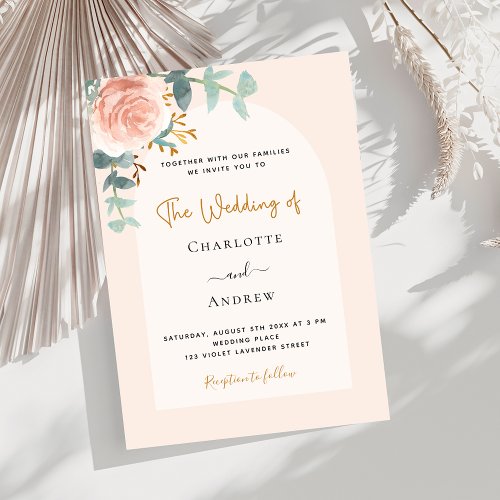 Rose gold blush floral arch wedding invitation