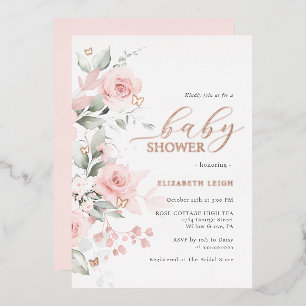 Rose gold Blush Floral Butterfly Baby Shower Foil Invitation