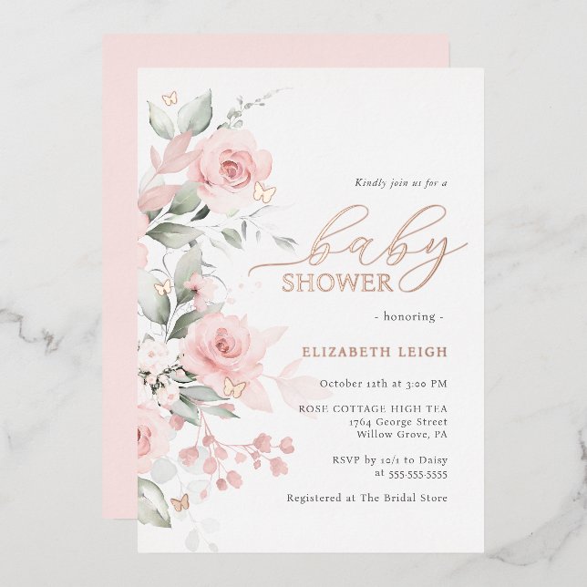 Rose gold Blush Floral Butterfly Baby Shower  Foil Invitation (Front/Back)