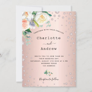 Rose gold blush floral diamonds glamorous wedding invitation