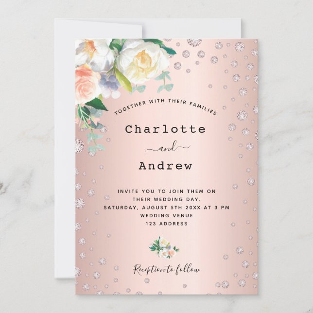 Rose gold blush floral diamonds glamorous wedding invitation (Front)
