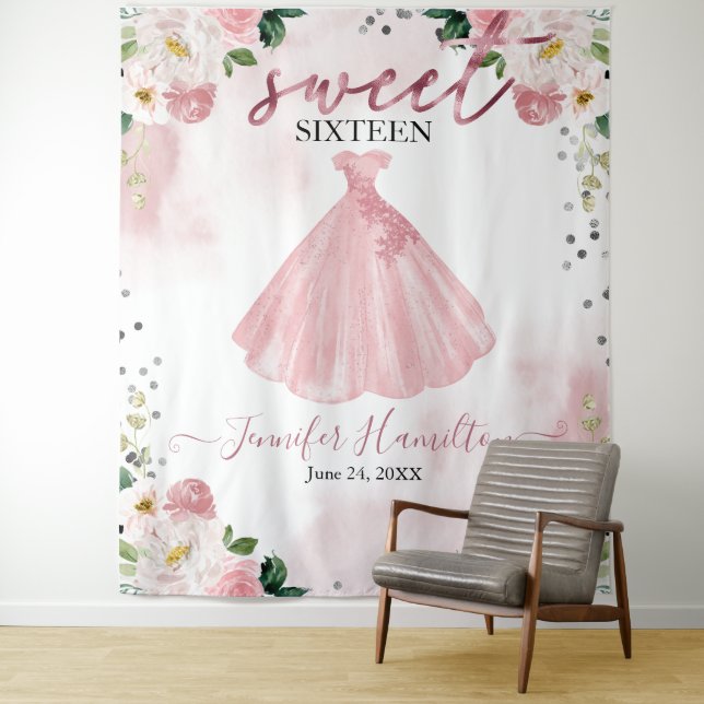 Rose Gold Blush Floral Dress Sweet 16 Backdrop (In Situ)
