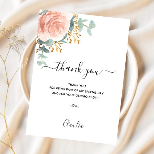 Rose gold blush floral eucalyptus greenery thank you card