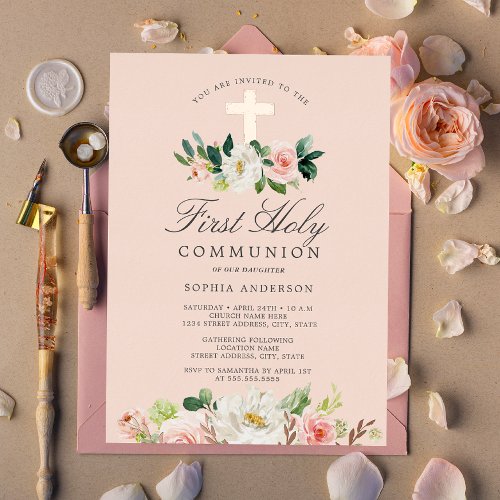 Rose Gold Blush Floral Girls First Communion  Foil Invitation