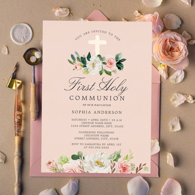 Rose Gold Blush Floral Girls First Communion  Foil Invitation (Creator Uploaded)