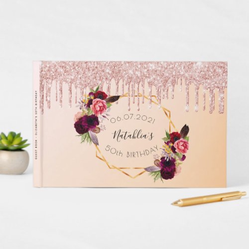Rose gold blush floral glitter birthday guest book
