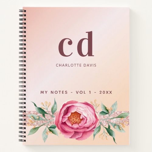Rose gold blush floral glitter name monogram notebook
