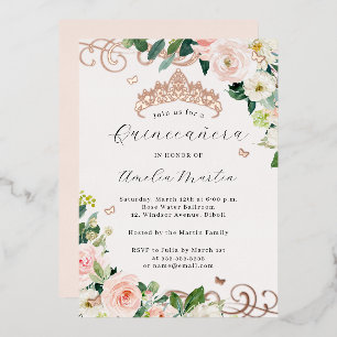Rose Gold Blush Floral Swirl Quinceanera Foil Invitation