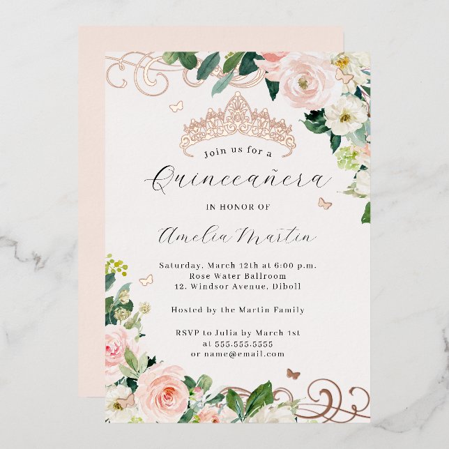 Rose Gold Blush Floral Swirl Quinceanera   Foil Invitation (Front/Back)