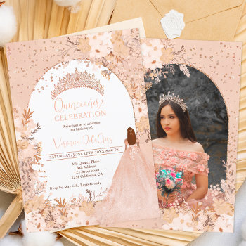 Rose Gold Blush Floral Tiara Princess Quinceanera Invitation by girly_trend at Zazzle