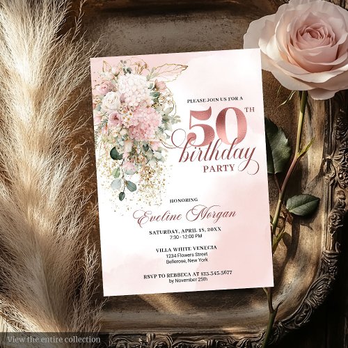 Rose Gold Blush Floral Watercolor 50th Birthday 