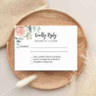Rose gold blush floral wedding response RSVP Note Card