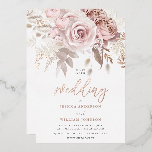 Rose Gold Blush Floral Wedding With Details Foil  Invitation (Front/Back)
