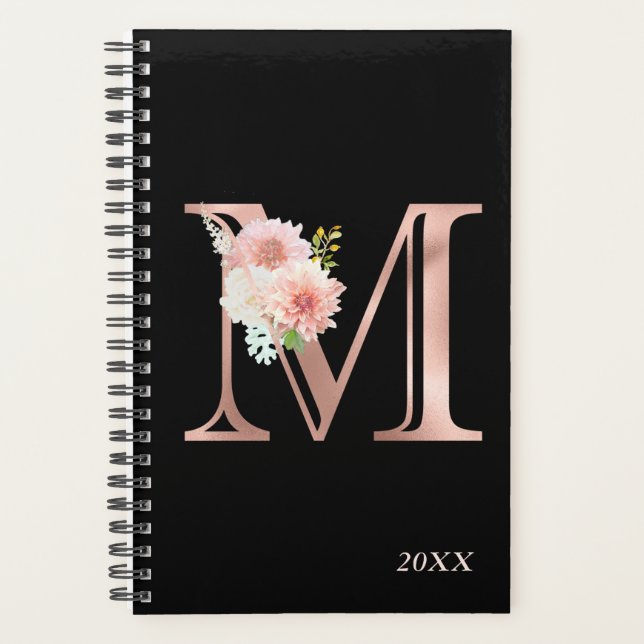 Rose Gold Blush Floral Yearly Monogram Letter M Planner (Front)