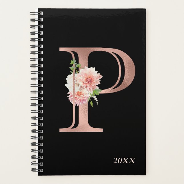 Rose Gold Blush Floral Yearly Monogram Letter P Planner (Front)