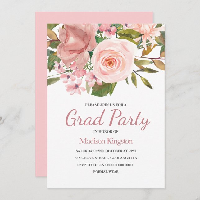 Rose Gold & Blush Flowers Graduation Party Invite (Front/Back)