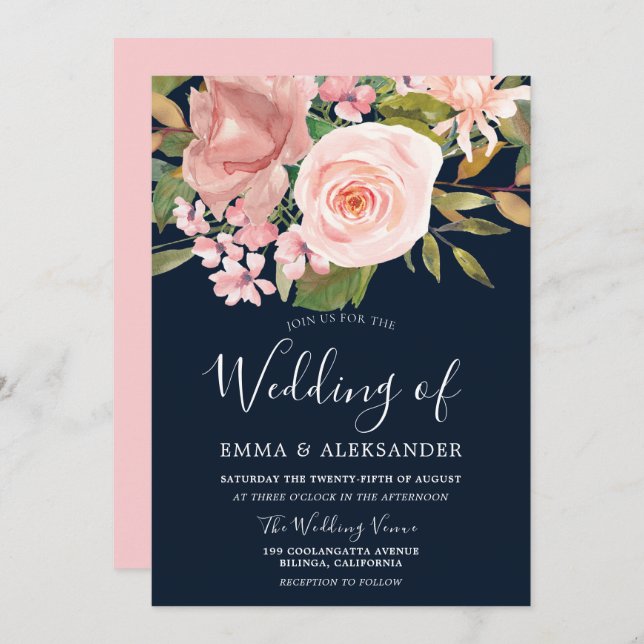 Rose Gold Blush Flowers Navy Wedding Invitation (Front/Back)