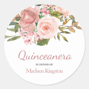 Rose Gold & Blush Flowers Quinceanera Favor Classic Round Sticker