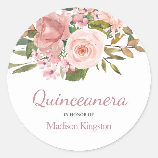 Rose Gold & Blush Flowers Quinceanera Favor Classic Round Sticker (Front)
