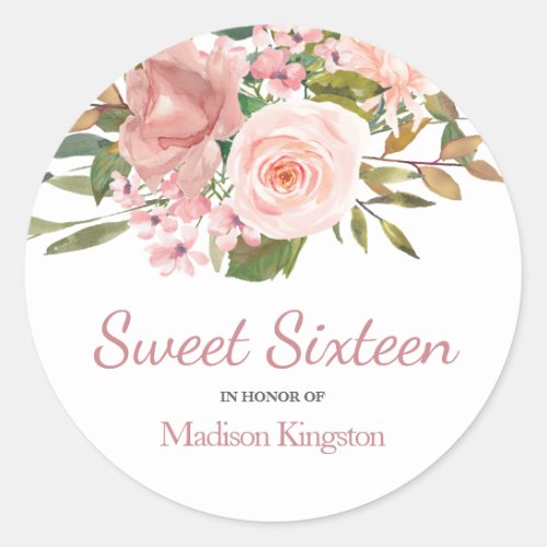 Rose Gold  Blush Flowers Sweet 16 Favor Classic Round Sticker