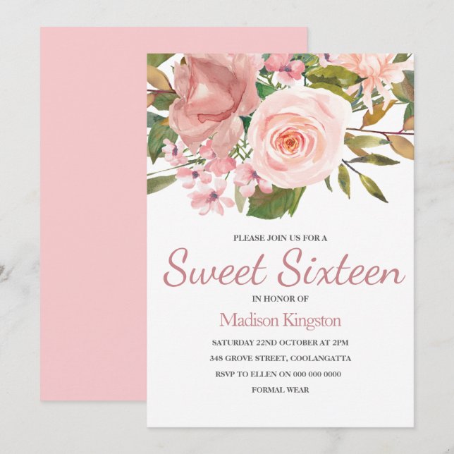 Rose Gold & Blush Flowers Sweet 16 Invite (Front/Back)